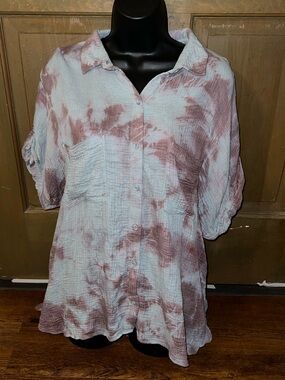 Cloth & Stone Boho Blue Tie Dye Brown Button Up Lightweight Pocket Shirt Size L